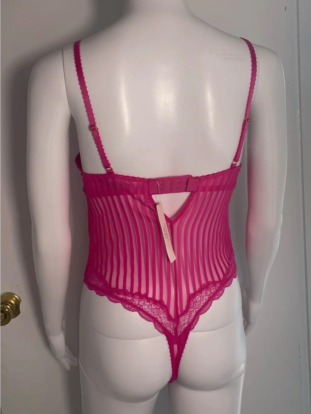 Victoria's Secret Women’s Fuchsia Striped Lace-Trim Bodysuit 100% Cotton Size SP
